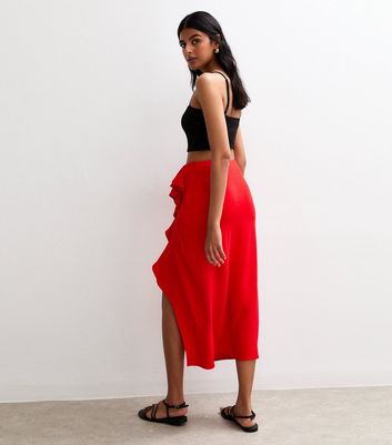 Red Ruffle Trim Hem Slit Midi Skirt