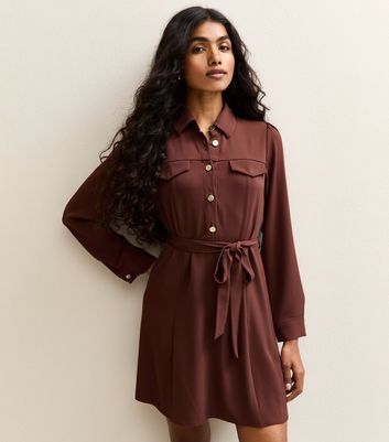 Petite Brown Shirt Mini Dress