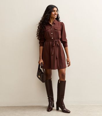 Petite Brown Shirt Mini Dress