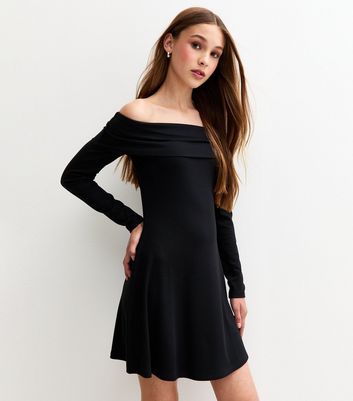 Girls Black Bardot Ribbed Long Sleeve Dress