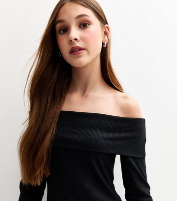 Girls Black Bardot Ribbed Long Sleeve Dress