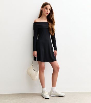 Girls Black Bardot Ribbed Long Sleeve Dress