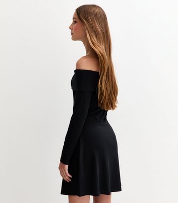 Girls Black Bardot Ribbed Long Sleeve Dress