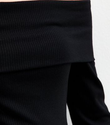 Girls Black Bardot Ribbed Long Sleeve Dress