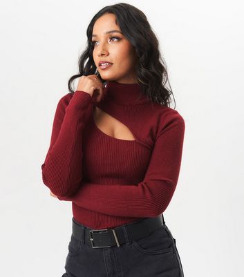 Gini London Burgundy Cut Out Long Sleeve Jumper