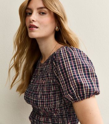 Blue Checked Crinkled Shirred Mini Dress