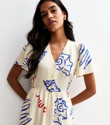 Off White Shell Print Flutter Sleeve Button Midi Dress 3 Off White Shell Print Flutter Sleeve Button Midi Dress