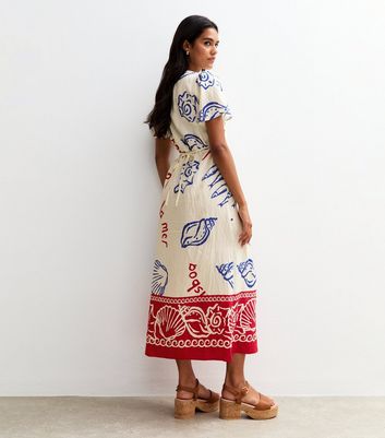 Off White Shell Print Flutter Sleeve Button Midi Dress 4 Off White Shell Print Flutter Sleeve Button Midi Dress