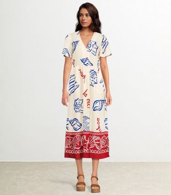 Off White Shell Print Flutter Sleeve Button Midi Dress 5 Off White Shell Print Flutter Sleeve Button Midi Dress