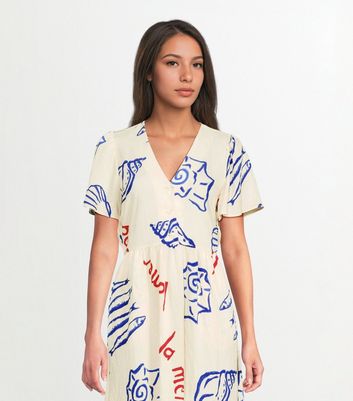 Off White Shell Print Flutter Sleeve Button Midi Dress 6 Off White Shell Print Flutter Sleeve Button Midi Dress