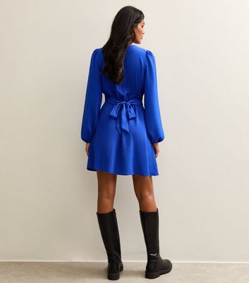 Bright Blue V-Neck Long Sleeve Mini Dress