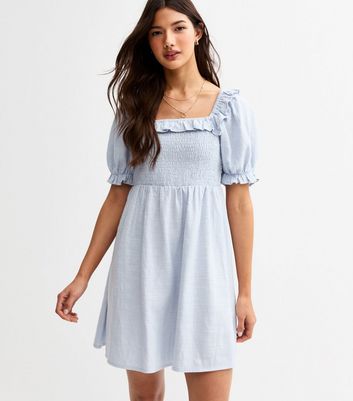 Light Blue Puff Sleeve Shirred Mini Dress