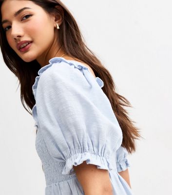 Light Blue Puff Sleeve Shirred Mini Dress