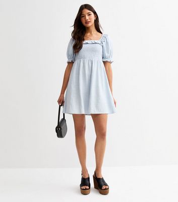 Light Blue Puff Sleeve Shirred Mini Dress