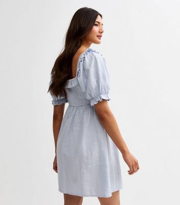 Light Blue Puff Sleeve Shirred Mini Dress