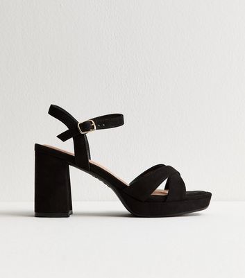 Black Faux Suede Cross Strap Heel Sandals