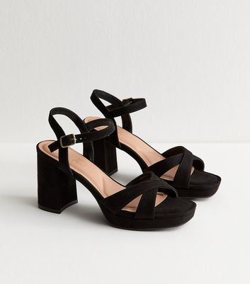 Black Faux Suede Cross Strap Heel Sandals 3 Black Faux Suede Cross Strap Heel Sandals