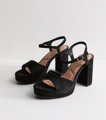 Black Faux Suede Block Heel Platform Sandals