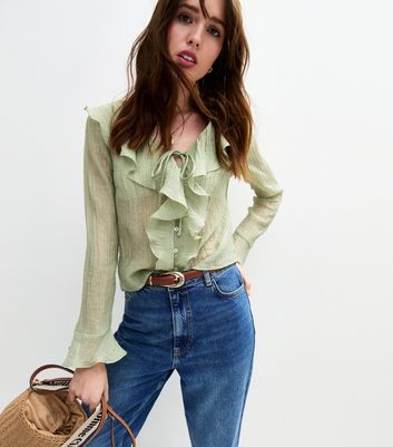 Green Ruffled Tie Neck Blouse