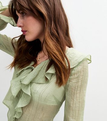 Green Ruffled Tie Neck Blouse