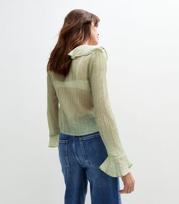 Green Ruffled Tie Neck Blouse