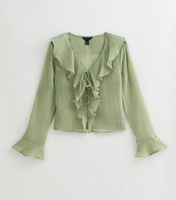 Green Ruffled Tie Neck Blouse
