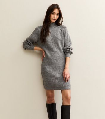 Grey Midweight Knit High Neck Mini Jumper Dress