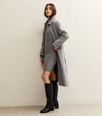 Grey Midweight Knit High Neck Mini Jumper Dress