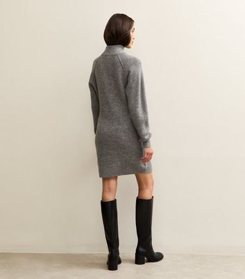 Grey Midweight Knit High Neck Mini Jumper Dress