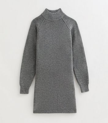 Grey Midweight Knit High Neck Mini Jumper Dress