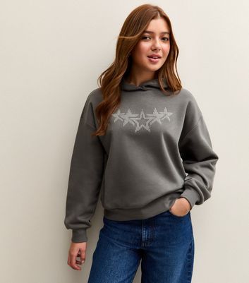 Girls Grey Diamante Star Studded Hoodie