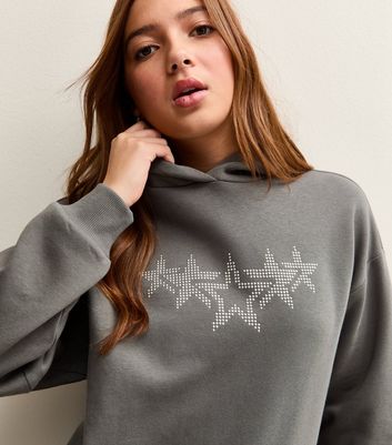 Girls Grey Diamante Star Studded Hoodie