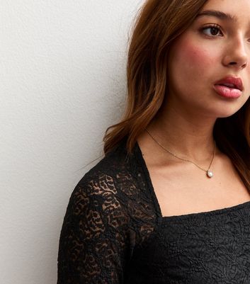 Girls Black Lace Square Neck Long Sleeve Dress 4 Girls Black Lace Square Neck Long Sleeve Dress