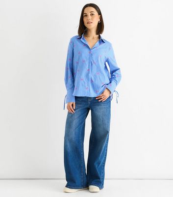 Gini London Blue Striped Bow Embroidered Shirt