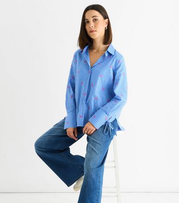 Gini London Blue Striped Bow Embroidered Shirt