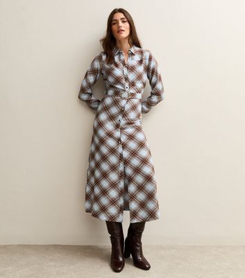 Blue Checked Belted Midi Shirtdress