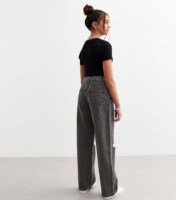 Girls Black Ripped Knee Wide Leg Jeans 6 Girls Black Ripped Knee Wide Leg Jeans