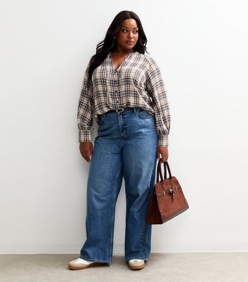Curves Blue Checked Tie Neck Blouse
