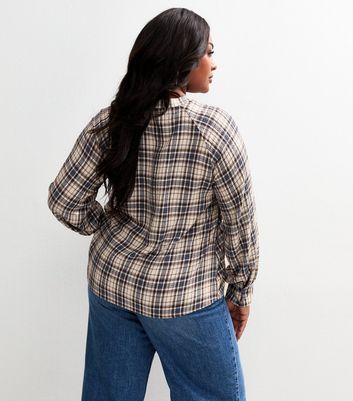 Curves Blue Checked Tie Neck Blouse