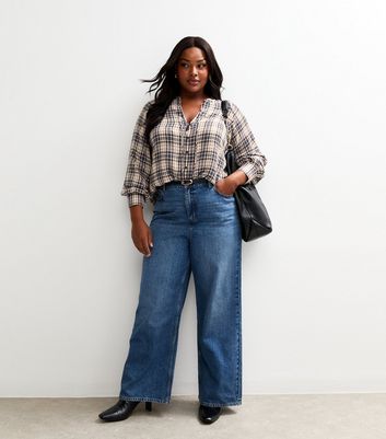 Curves Blue Checked Tie Neck Blouse