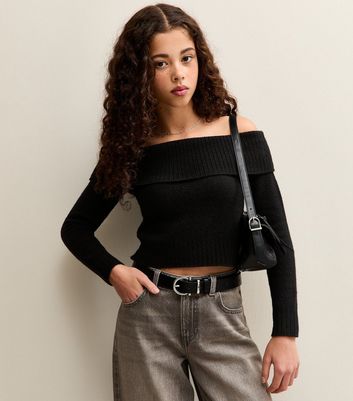 Girls Black Fold Over Bardot Knitted Jumper