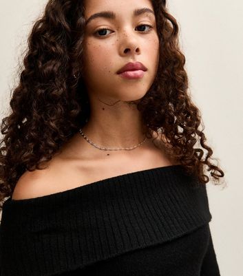 Girls Black Fold Over Bardot Knitted Jumper