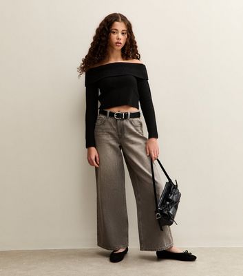 Girls Black Fold Over Bardot Knitted Jumper 3 Girls Black Fold Over Bardot Knitted Jumper