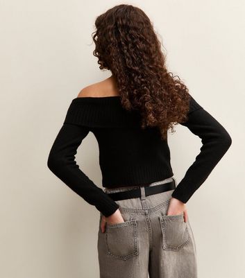 Girls Black Fold Over Bardot Knitted Jumper 4 Girls Black Fold Over Bardot Knitted Jumper