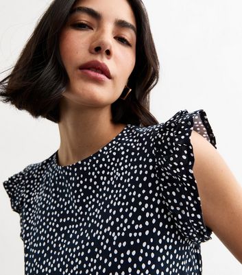Blue Spot Print Frill Sleeve Top