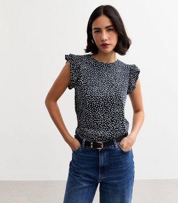 Blue Spot Print Frill Sleeve Top