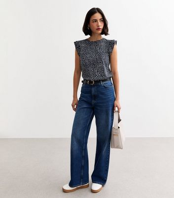 Blue Spot Print Frill Sleeve Top