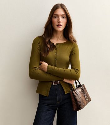 Mid Green Ribbed Button Through Long Sleeve Top