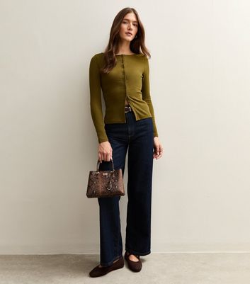 Mid Green Ribbed Button Through Long Sleeve Top