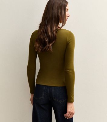 Mid Green Ribbed Button Through Long Sleeve Top
